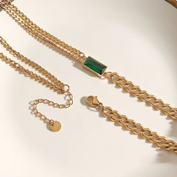 Necklace Cuban Chain Square Green  Zirkon