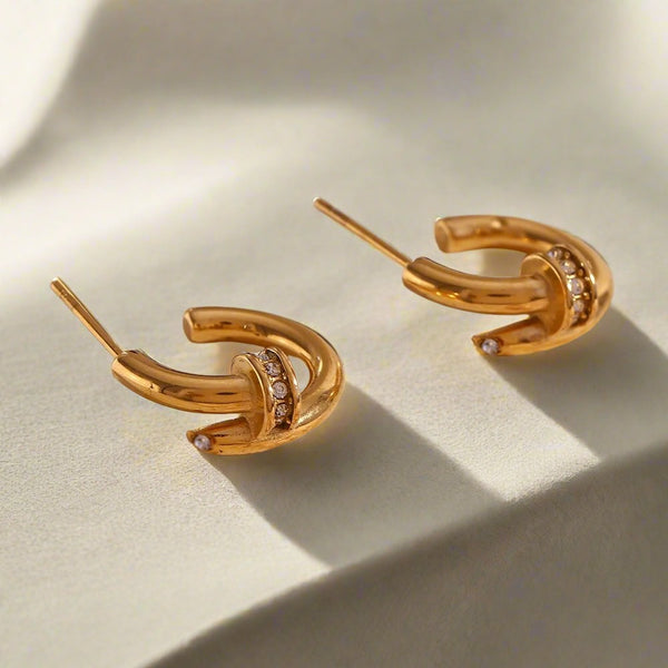 C Shape Gold Plated Rhinestone  Stud Earrings