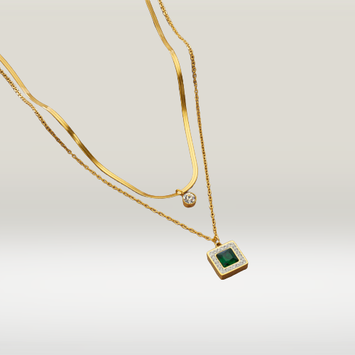 Square Green Zircon  Pendant  2in1 Snake Chain  Necklace For Women