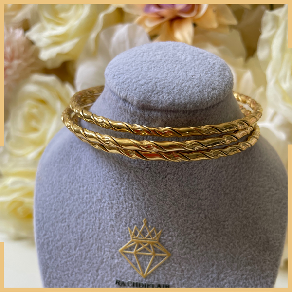 Set aus 3 Goldfarbenen Twist Edelstahl Armreifen – Klassisch & Boho Chic