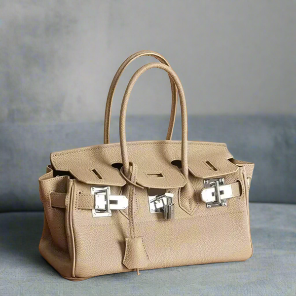 Damen Designer Tasche – 100% Rindsleder, Hand- & Schultertasche mit langer Silber-Schnalle, Luxus Platin Geschenk