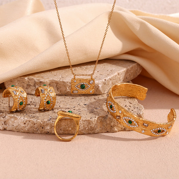Edelstahl Malachit Eye Geometrische Huggie Ohrringe - 18K PVD Vergoldet mit Zirkonia