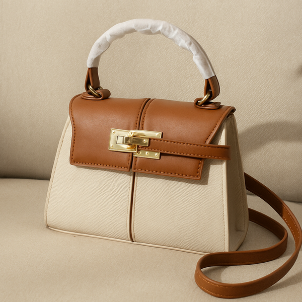 Elegante Damen Handtasche – Zweifarbig Beige & Braun mit Goldverschluss