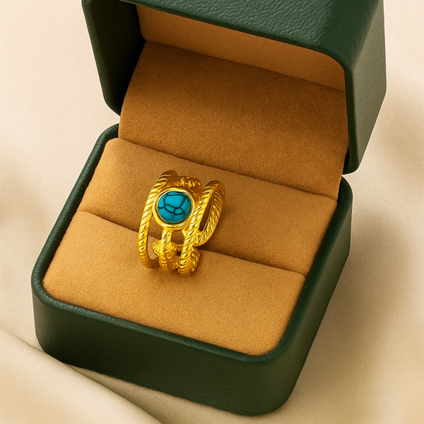 Blau Stein Ethnischer Vintage Ring – Offene Einstellbare Edelstahlfassung