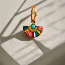 Colorful Enamel Fan Shaped Hoop Earrings