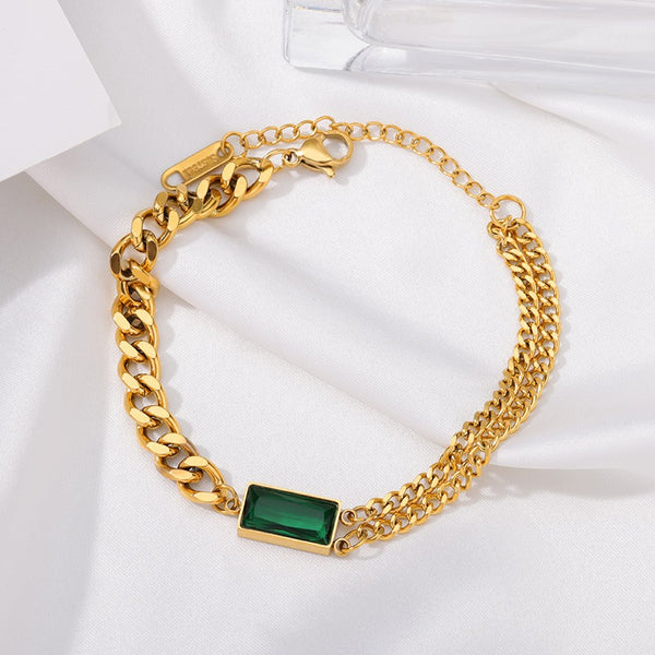 bracelet Chaîne Cubaine Carré Zircon Vert