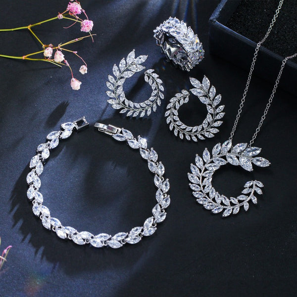 4 Pcs Leaf Shape Necklace Earring Bracelet and Ring Sets "Ramazzotti"