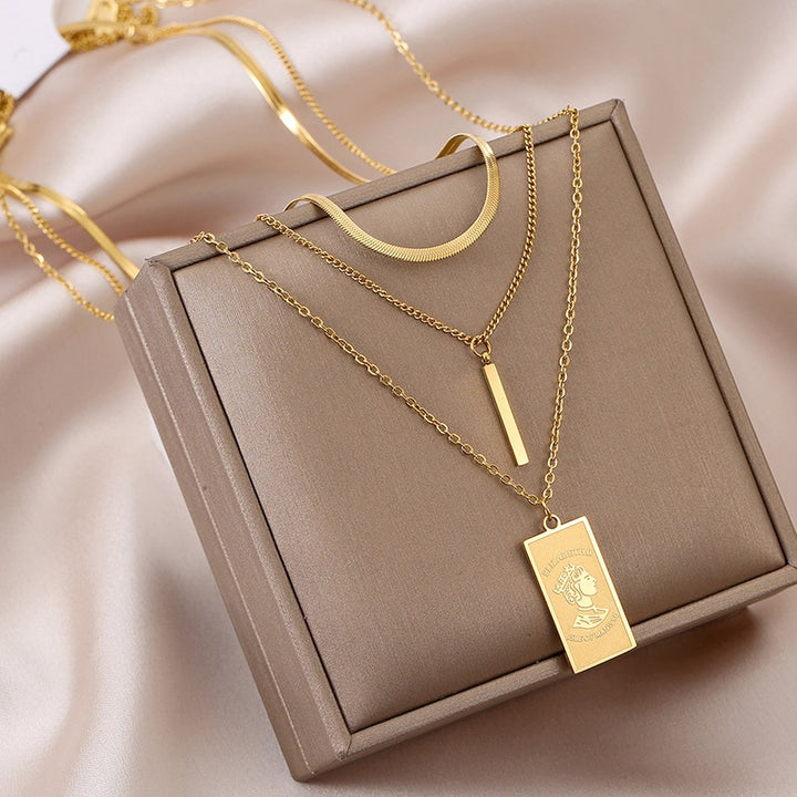  Necklace Stainless Steel Elizabeth Coin  3 layer "Square"