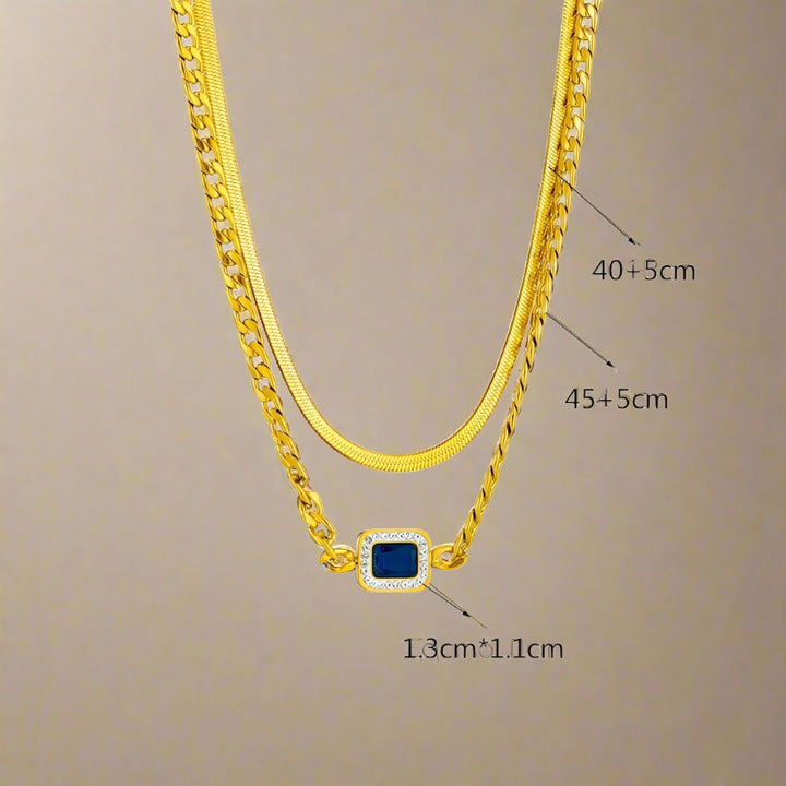 2in1 Chain Necklace 316L Stainless Steel  Square Blue Zircon